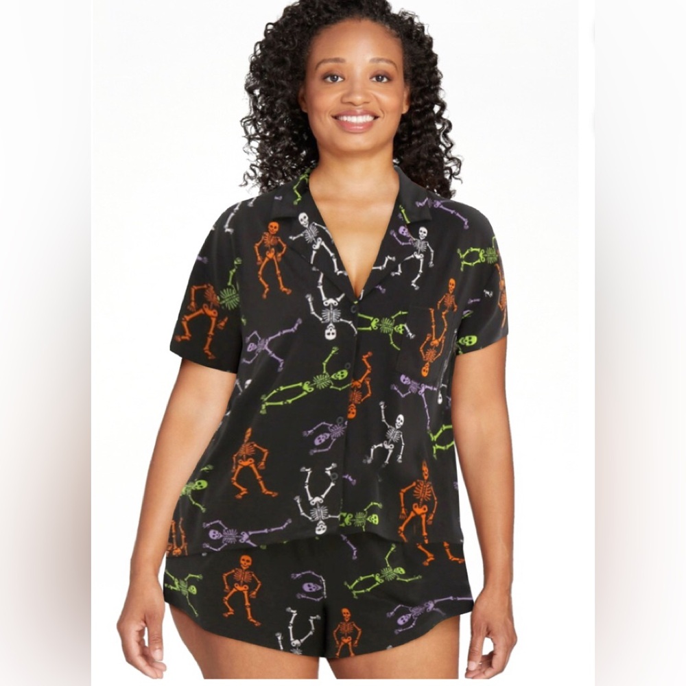 WAY TO CELEBRATE Womens PJ Shorts Set Size Large 12-14 Skeleton theme Black New